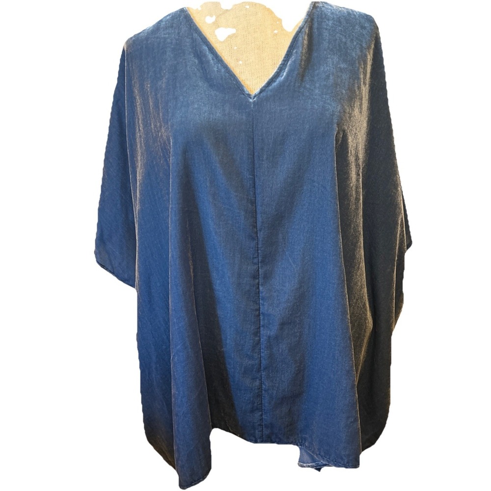 J Jill Pure Jill Elements Kimono Tunic Top Med Blue Velvet Pullover V Neck Boxy